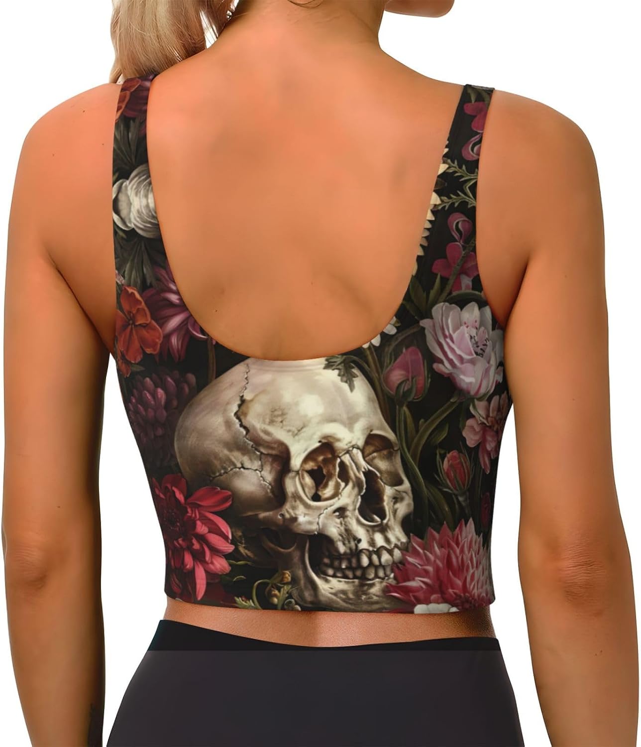 Floral Skull Print High Impact Sports Bras,Longline Sports Bra,Perfect for Yoga,Running and Gym Workouts