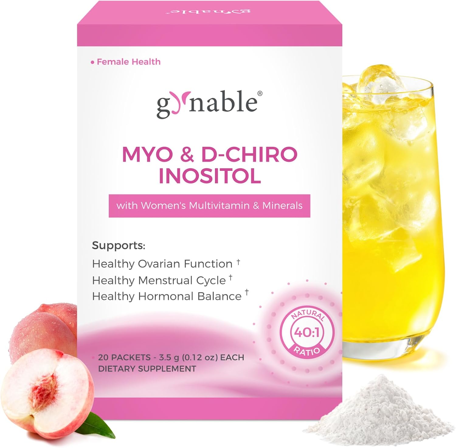 Gynable Pregina Myo-Inositol & D-Chiro Inositol Powder for Women - PCOS Fertility Support, Hormonal Balance, Regular Cycles | Patented Active Folic Acid, Vegan, Gluten-Free (30 Servings, Peach)