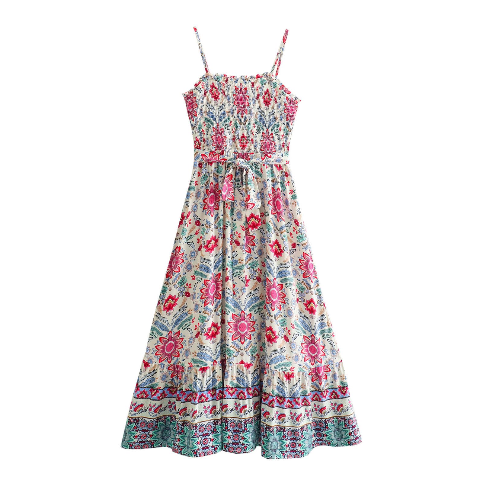 Robe d'été à bretelles imprimée pour femmes vêtement plage style resort taille L