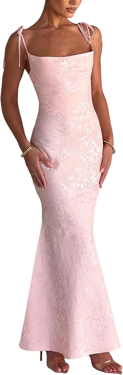 Mermaid Prom Dress 2025 Long for Women Light Pink Elegant Ruched Spaghetti Strap Satin Jacquard Floral Bridesmaid Dress US6