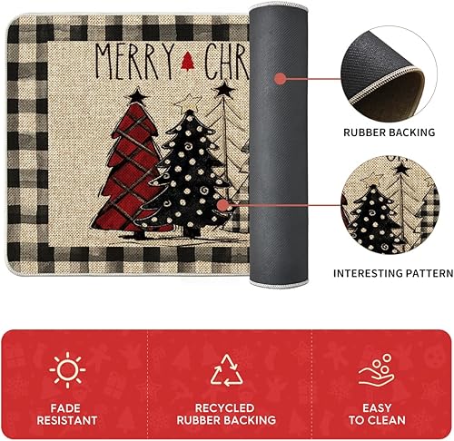 Vista 5 de Artoid Mode Buffalo Plaid Xmas Tree Merry Christmas Kitchen Mats Set of 2, Winter Home Decor Low-Profile Kitchen Rugs for Floor - 17x29 and 17x47