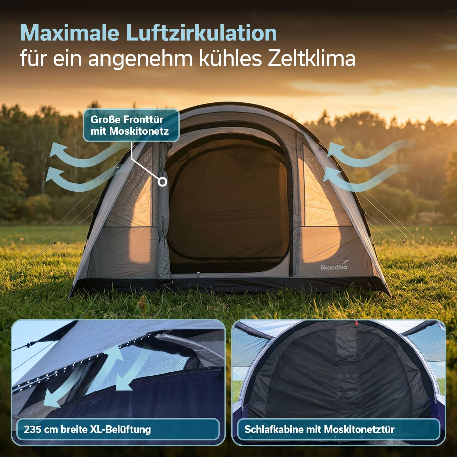 Skandika Tienda de campaña túnel Isken 3/5 | Mosquitera en la Puerta de Entrada, en Las Ventanas y en la Puerta de la Cabina - Suelo Cosido
