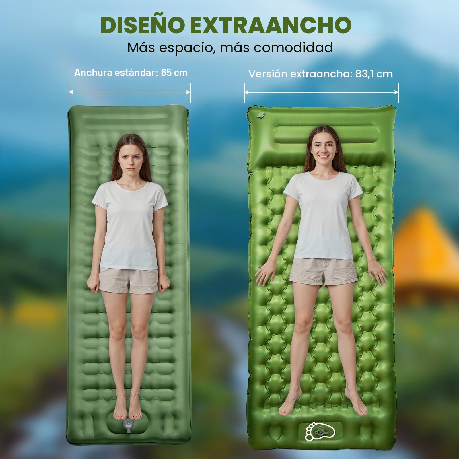 JATEKA Colchoneta Autoinflable XL para Camping, Individual con Correas, Verde y Azul, Colchón Ligero para Senderismo