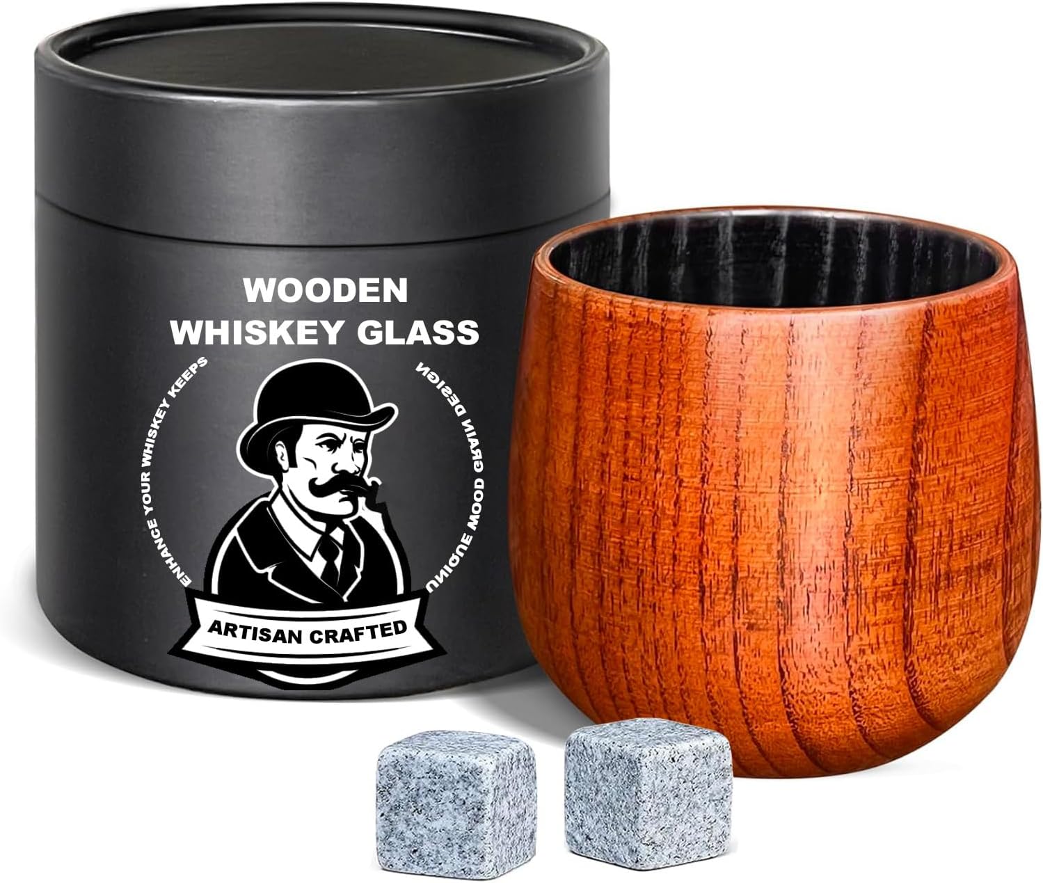 Charred Wooden Whiskey Glasses – 6 oz Bourbon Tumblers for Men with Burnt Interior – Old Fashioned Cocktail Cups – Gifts for Dad, Men, Brother, or Whiskey Lovers