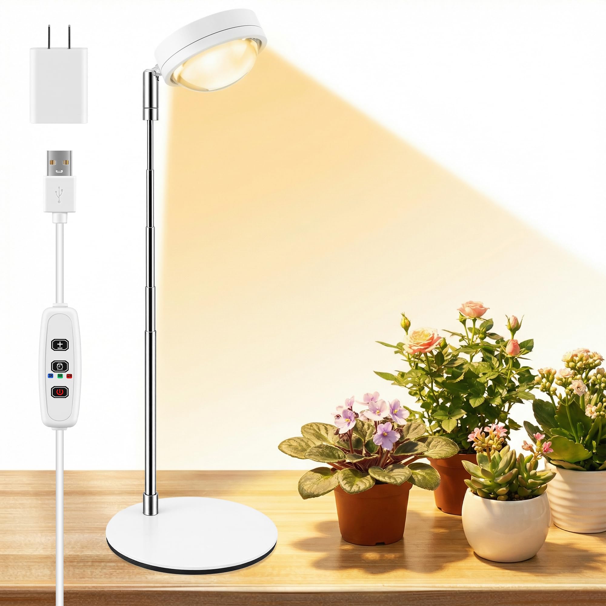 Luz de cultivo de plantas, luces de crecimiento de espectro completo con base de metal, lámparas de cultivo de plantas de escritorio con temporizador de encendido automático 3/9/12H, 6