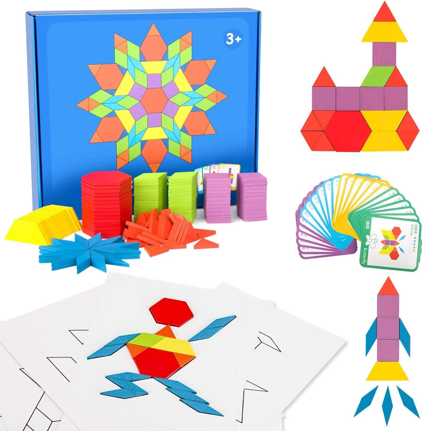 QUTTEL 155 Pcs Wooden Pattern Blocks Set Geometric Shape Puzzle Manipulative Shape Puzzle Graphical Early Educational Montessori Tangram Brain Teasers STEM for Kids with 24 Pcs Design Cards (B0BQKQFDWR) Amazon Price History, Amazon Price Tracker