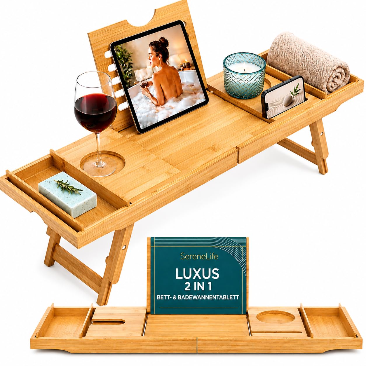 SereneLife Badewannenablage aus Bambus 2-in-1 als Bett Tablett – Ausziehbares Badewannenbrett 75–108 cm, höhenverstellbar, klappbar mit stabiler Buch- und Tabletstütze