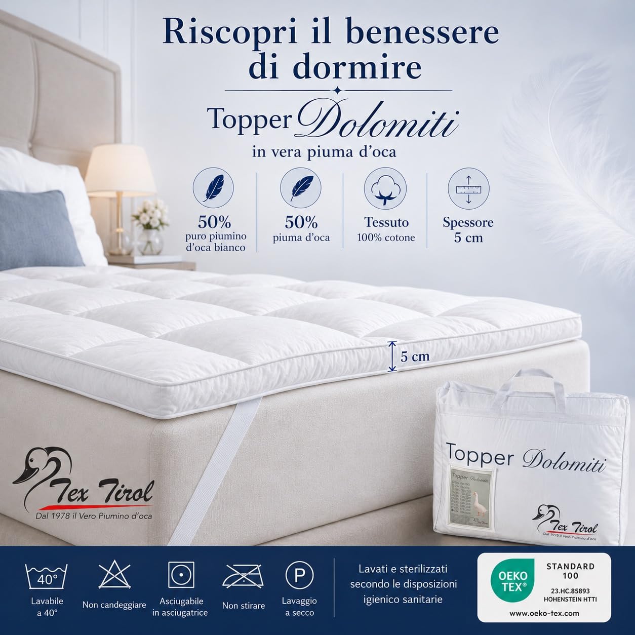TOPPER per Materasso in PIUMINO Oca TEX TIROL © DOLOMITI 50% Piumino Oca / 50% Piuma Oca - Matrimoniale cm. 160x190