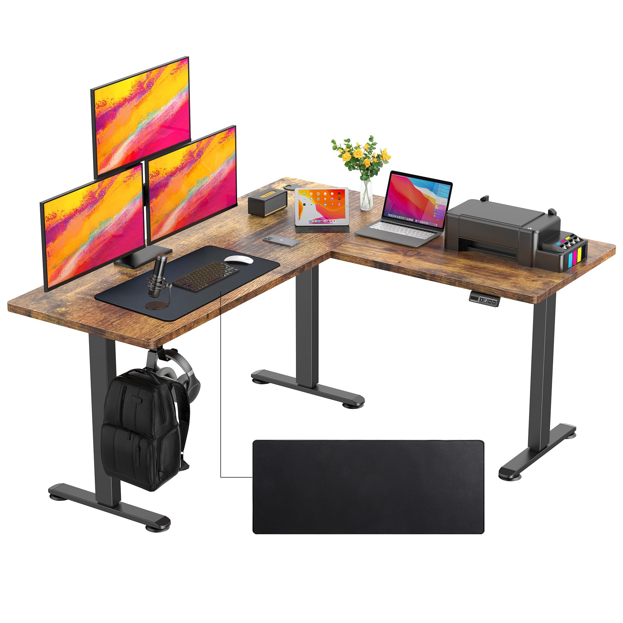farexon 63x55 Inch L Shaped Standing Desk, Electric Adjustable Height Stand Up Desk, Corner sit Stand Desk with 39x18 in Mouse Pad, Hook, Home Office