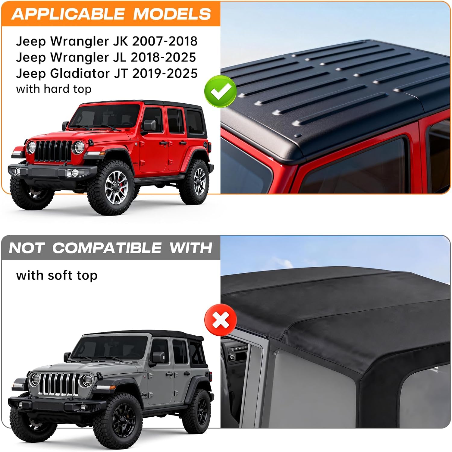 Roof Rack Cross Bars for 2007-2026 Jeep Wrangler JK JL & Gladiator JT, 300lbs Load Capacity Heavy Duty Aluminum Cargo Bars for Kayak Bike Luggage Carrier, No-Drill Installation (Pair)