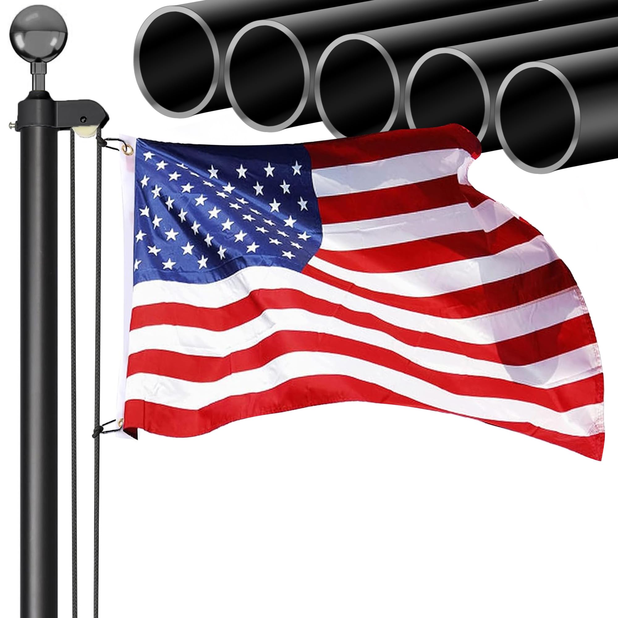 20FT Sectional Flag Pole Kit, Extra Thick Heavy Duty 14 Gauge Aluminum Flag Poles, Outdoor In ground Flagpole with Free 3x5 Polyester American Flag for Outside, Residential or Commercial