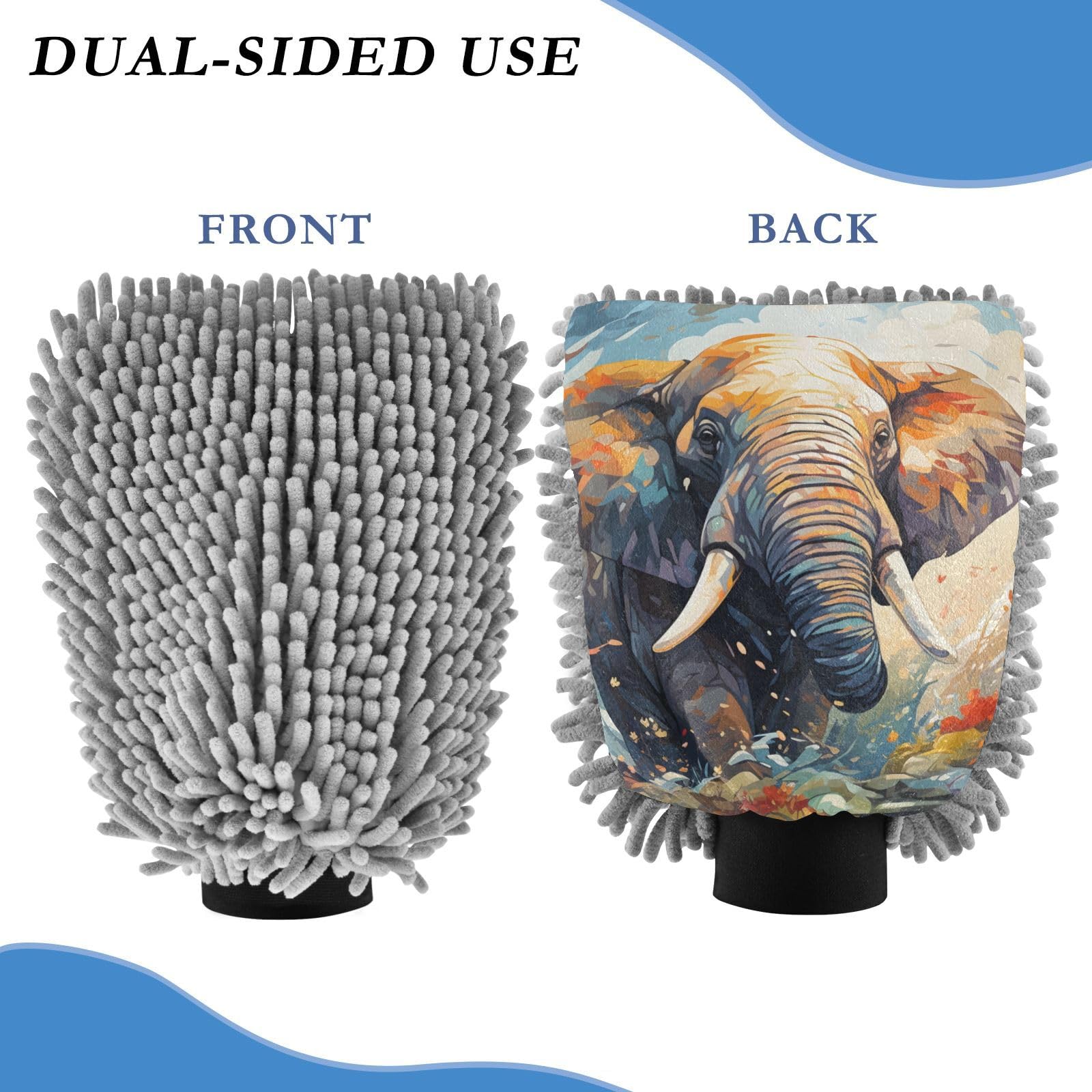 ALAZA Elephant in Forest Car Wash Mitt Scratch Free, 2 Pack Absorbent Microfiber/Chenille Washing & Drying Mitts, M