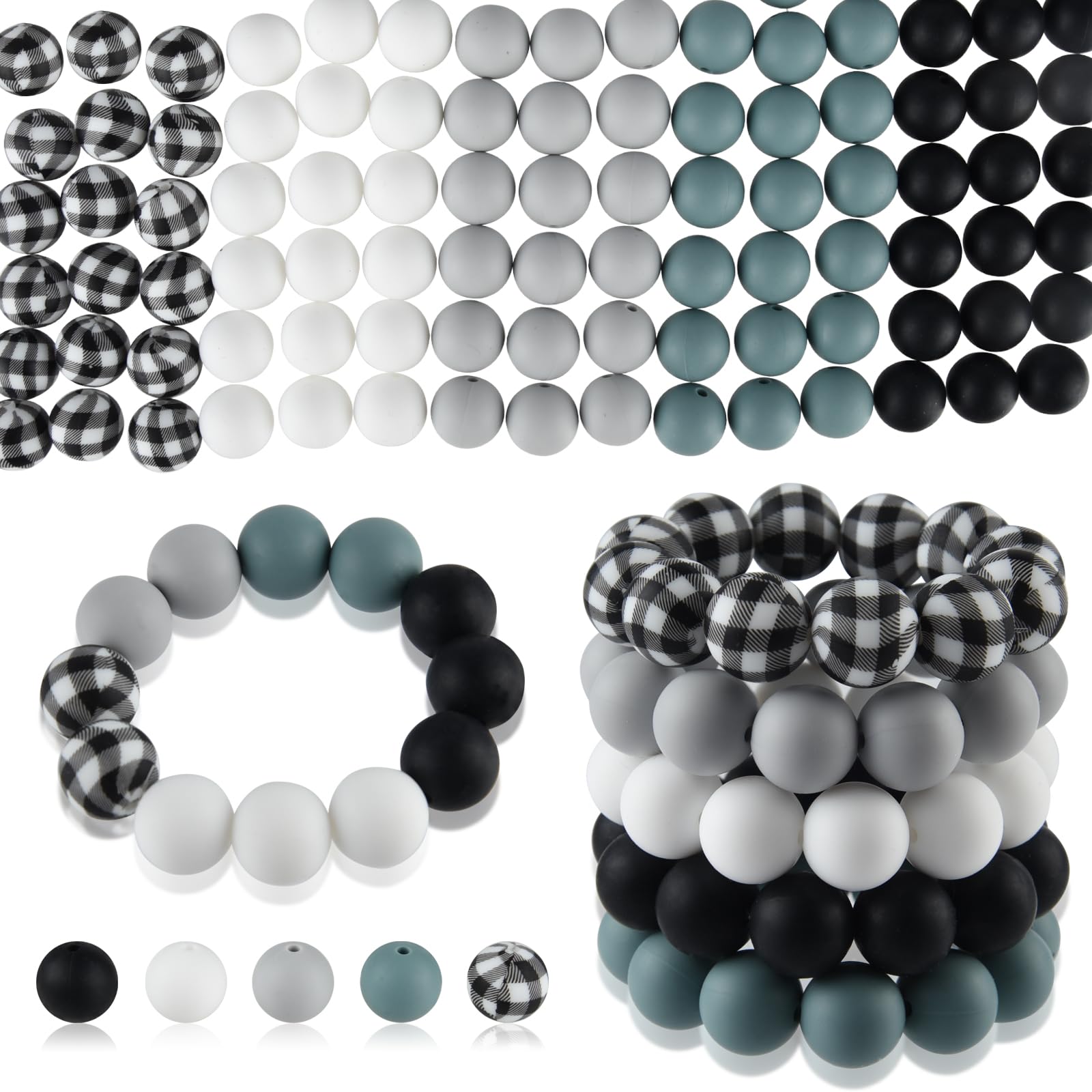 ASTARON 100 Pcs 15mm Silicone Beads for Keychain Making Grey Black White Round Beads for Bracelets Beadable Pens Decorations Crafts Making Party Favours Supplies