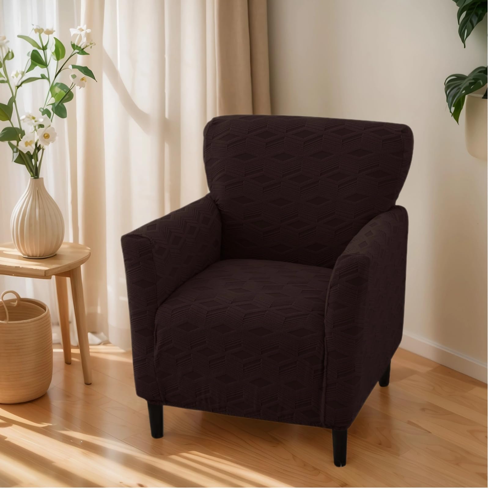 OKYUK Banquet Armchair Slipcovers Printed Chair Slipcovers with Arms 1-Piece Stretch Chair Covers for Living Room Anti Slip Soft Armchair Slipcover Kids Pets Friendly (Chocolate Checkered)