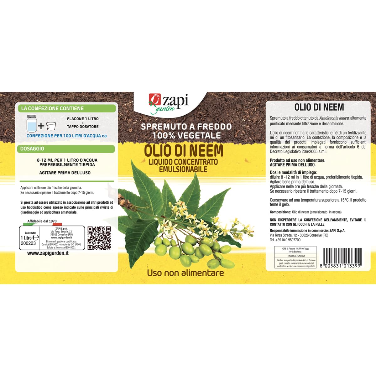 Zapi Garden | Olio di Neem Liquido Concentrato Emulsionabile, Spremuto a Freddo 100% Vegetale, 1L