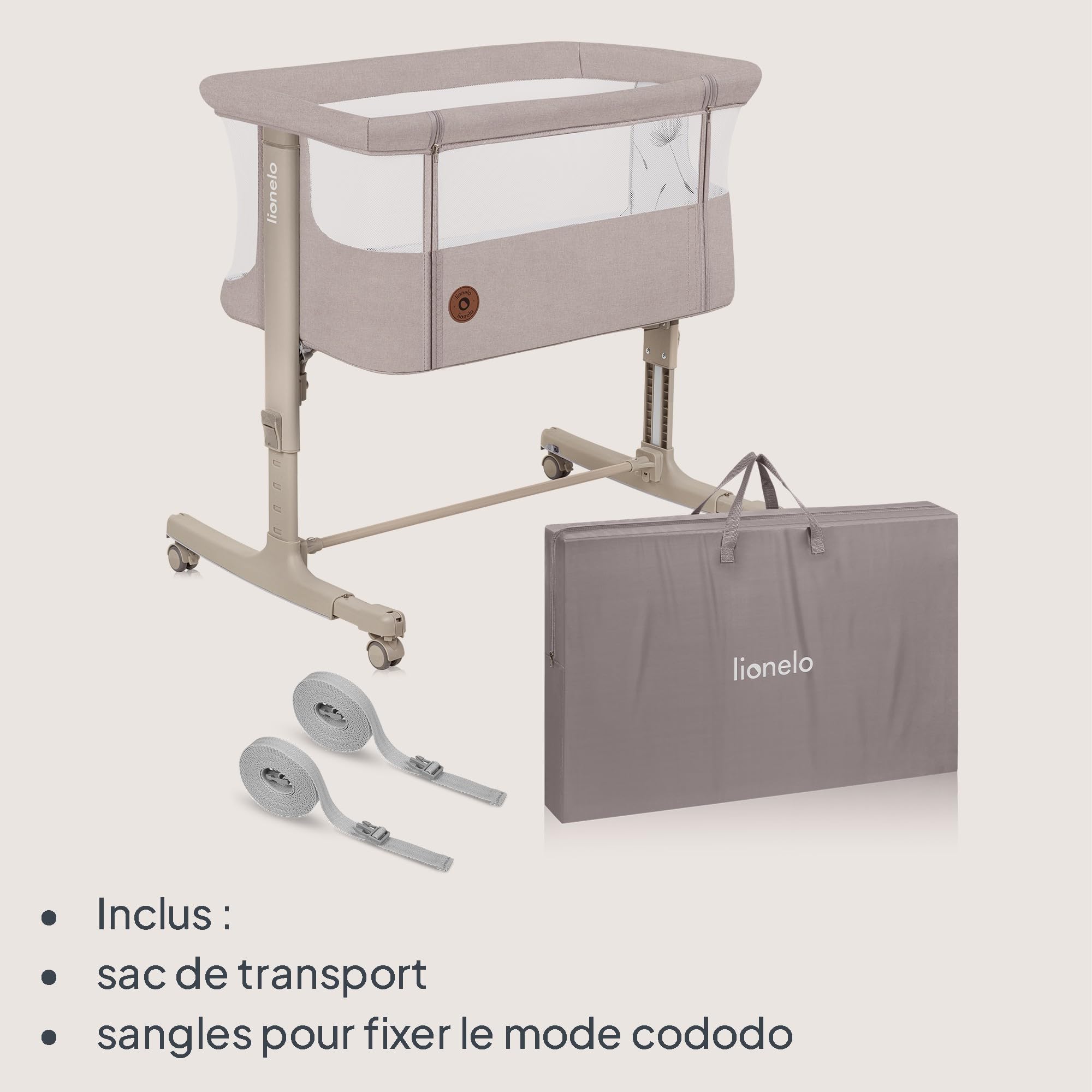 lionelo Aurora 3 en 1 Lit bébé jusqu'à 9 kg Cododo, Berceau Réglage de la Hauteur et de l’Inclinaison du Matelas 4 roulettes avec Freins Matelas Ergonomique Sac (Beige)