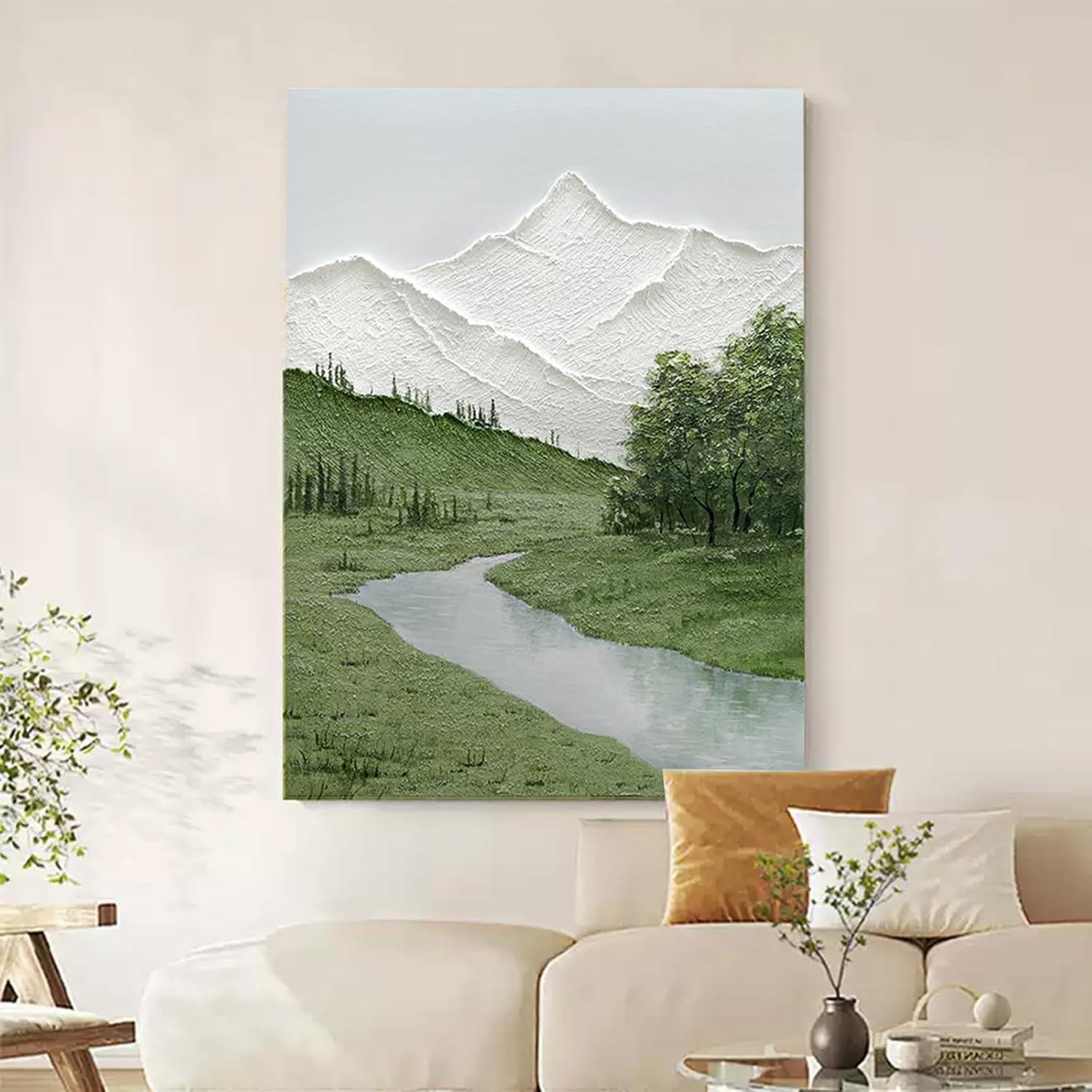 AntExpanse 24x36 Inch Hand-Painted 3D Textured Mountain Landscape Wall Art, Minimalist Green and White River Painting on Canvas, Modern Neutral Abstract Decor for Living Room, Bedroom (Framed)