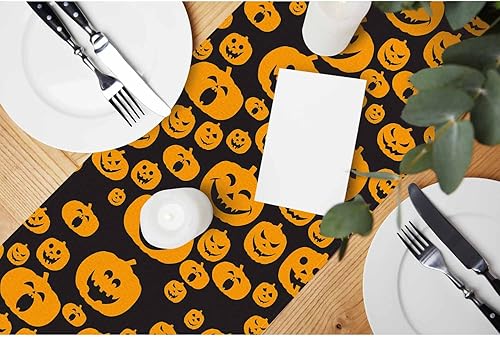 Miniatura 2 de HOSNYE Camino de mesa divertido de calabaza de Halloween, cara aterradora, camino de mesa de lino de algodón para cocina, mesa familiar, mesa de
