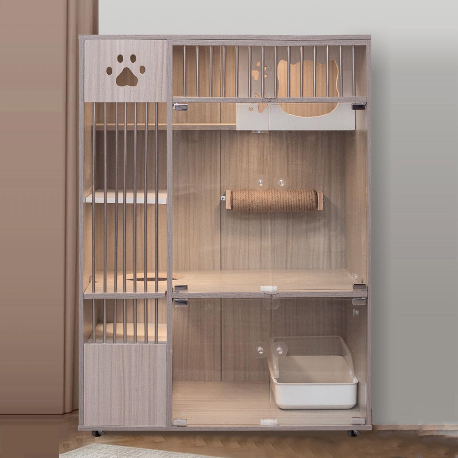 Recinto per Gatti, Gabbia per Gatti Grande in Legno con Vetro Temperato e Ringhiera in Acciaio, Recinto per Animali Domestici con Trampolino e Ruote, Ideale per 1-3 Gatti, 23,6x35,4x47,2 Pollici
