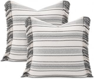 Spring Throw Pillow Covers 18x18 Set of 2, Striped Pillow Covers with Tassel Boho Cushion Cover Cotton Decorative Square Pillowcase for Sofa Couch Bed Living Room Neutral Decor, Grey