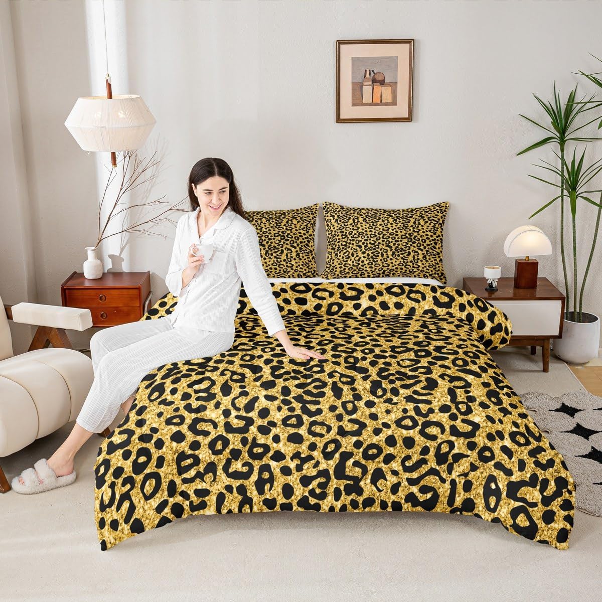 Feelyou Glitter Leopard Bedding Set for Girls Boys Kids Full Size Cheetah Comforter Set Animal Print Duvet Quilt Safari Room Decor Breathable Soft Lightweight Microfiber