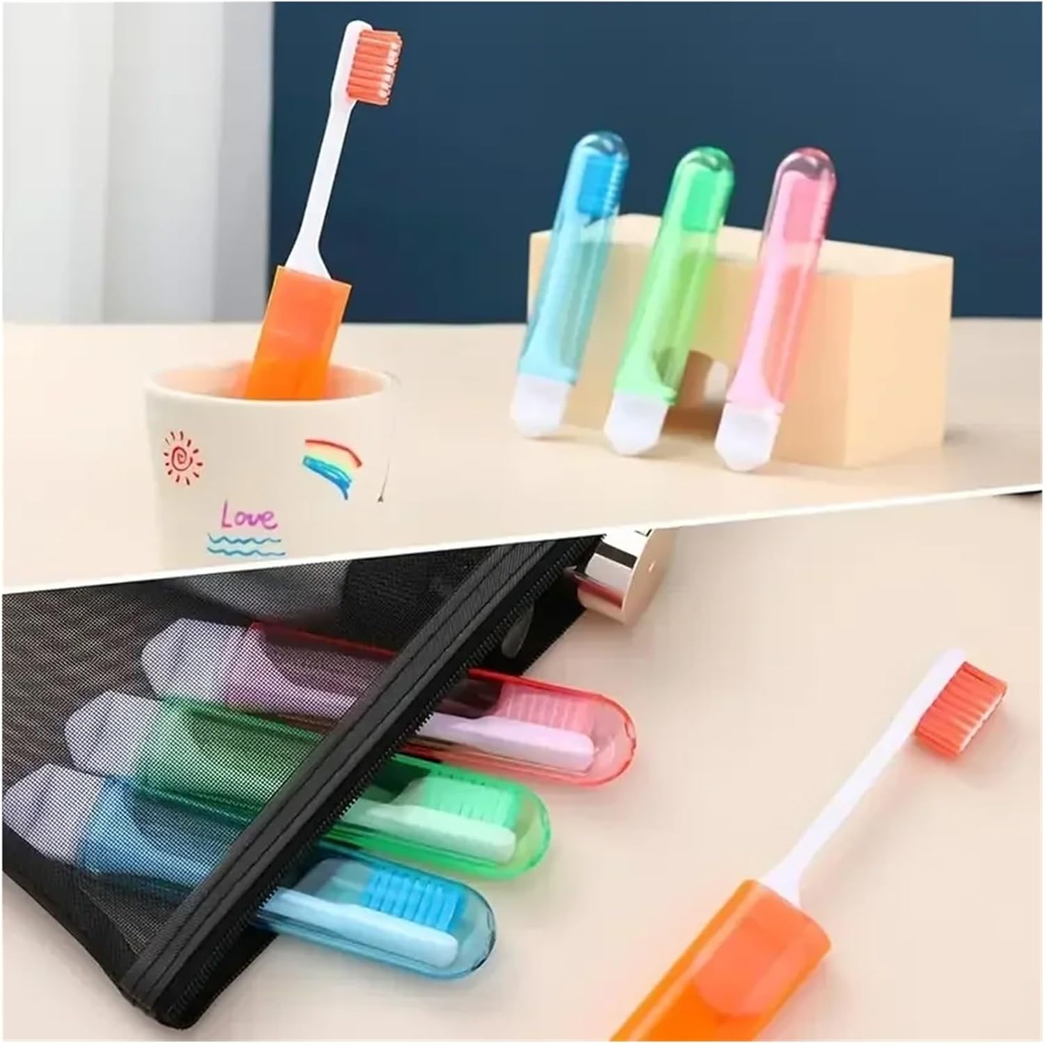 1/4PCS Mini Travel Toothbrush Foldable Portable Small Brush Folding Traveling Adult in Transparent Candy Colors(4pcs)