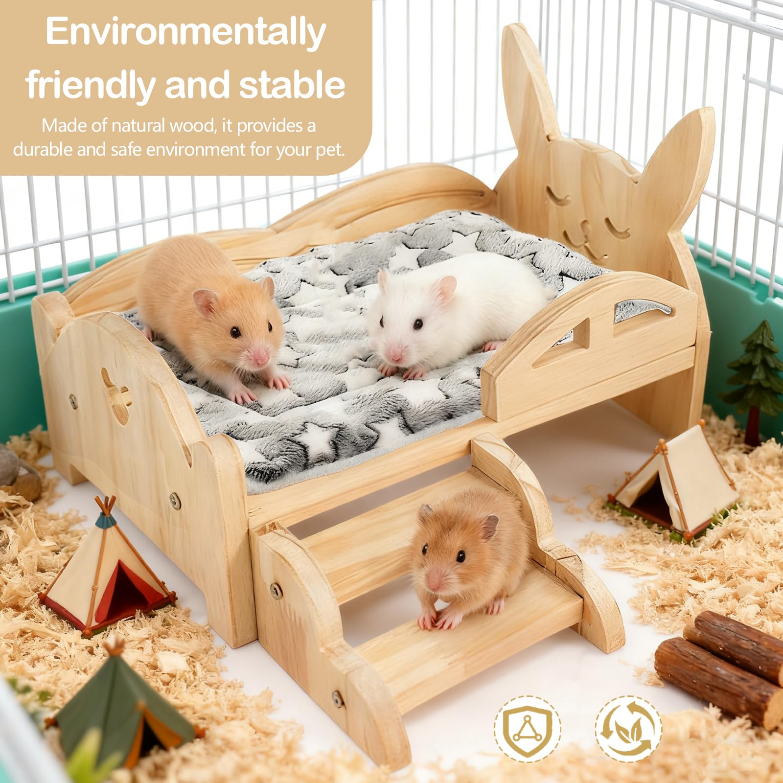 Letto per Porcellini D'India, 34 x 22 x 7 cm Letto in Legno per Piccoli Animali con Materasso Rimovibile e Scale Larghe 15,5 cm per Porcellini D'India Criceti Coniglio Furetti Ricci