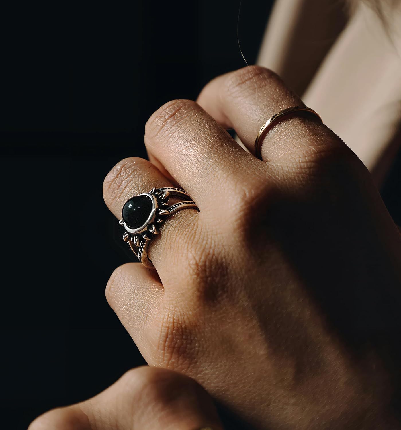 Adjustable Natural Gemstone Eye Ring, Red Agate/Black Onyx/Tigers Eye/Malachite/Amethyst, Witchy Goth Boho Vintage Jewelry for Women & Men - Image 3