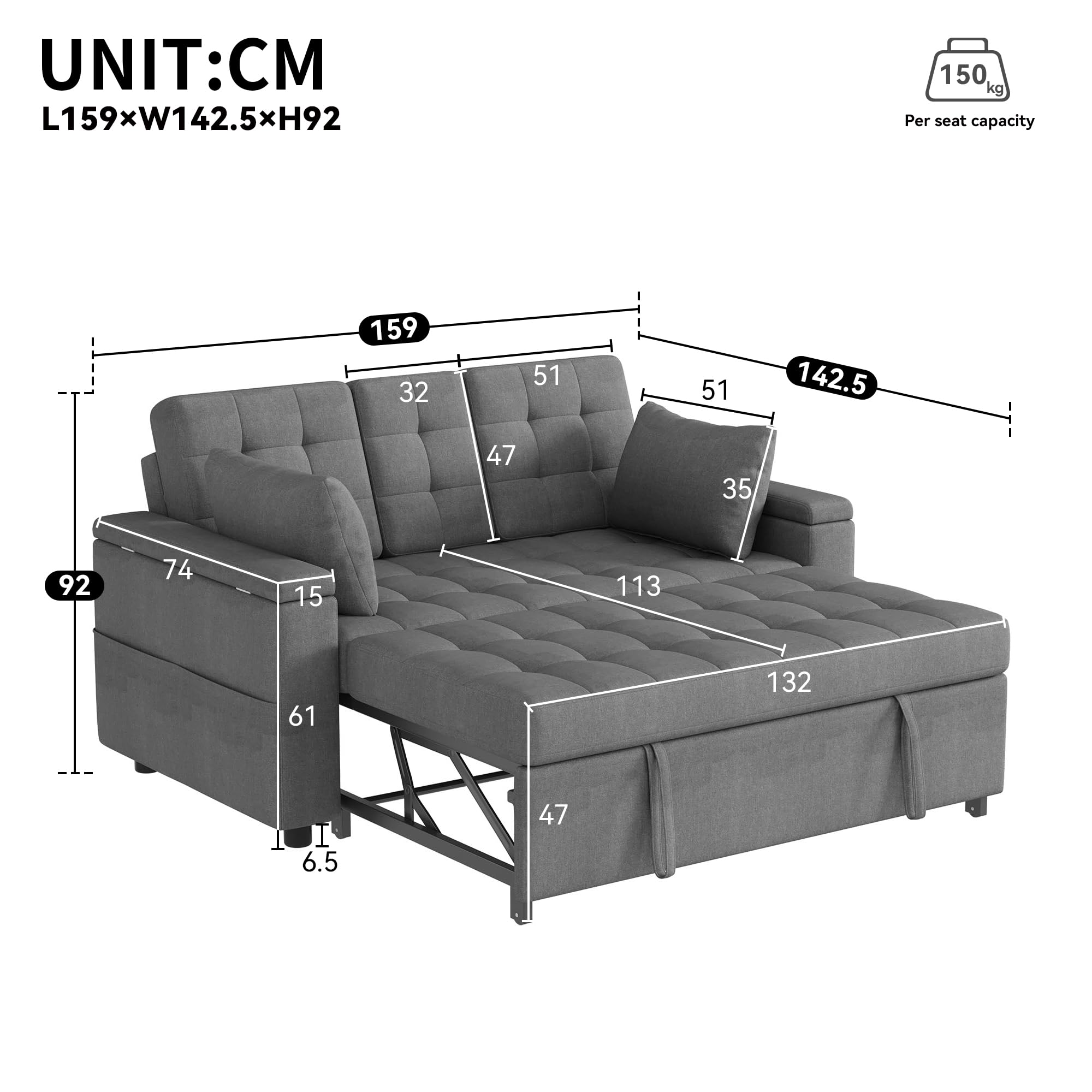 Merax Schlafsofa 2-Sitzer Sofa mit Schlaffunktion, Modernes Klappsofa 3-in-1 Schlafcouch mit Verstellbarer Rückenlehne, Armlehnen-Staufächern, Getränkehalter und Seitentaschen, Grau