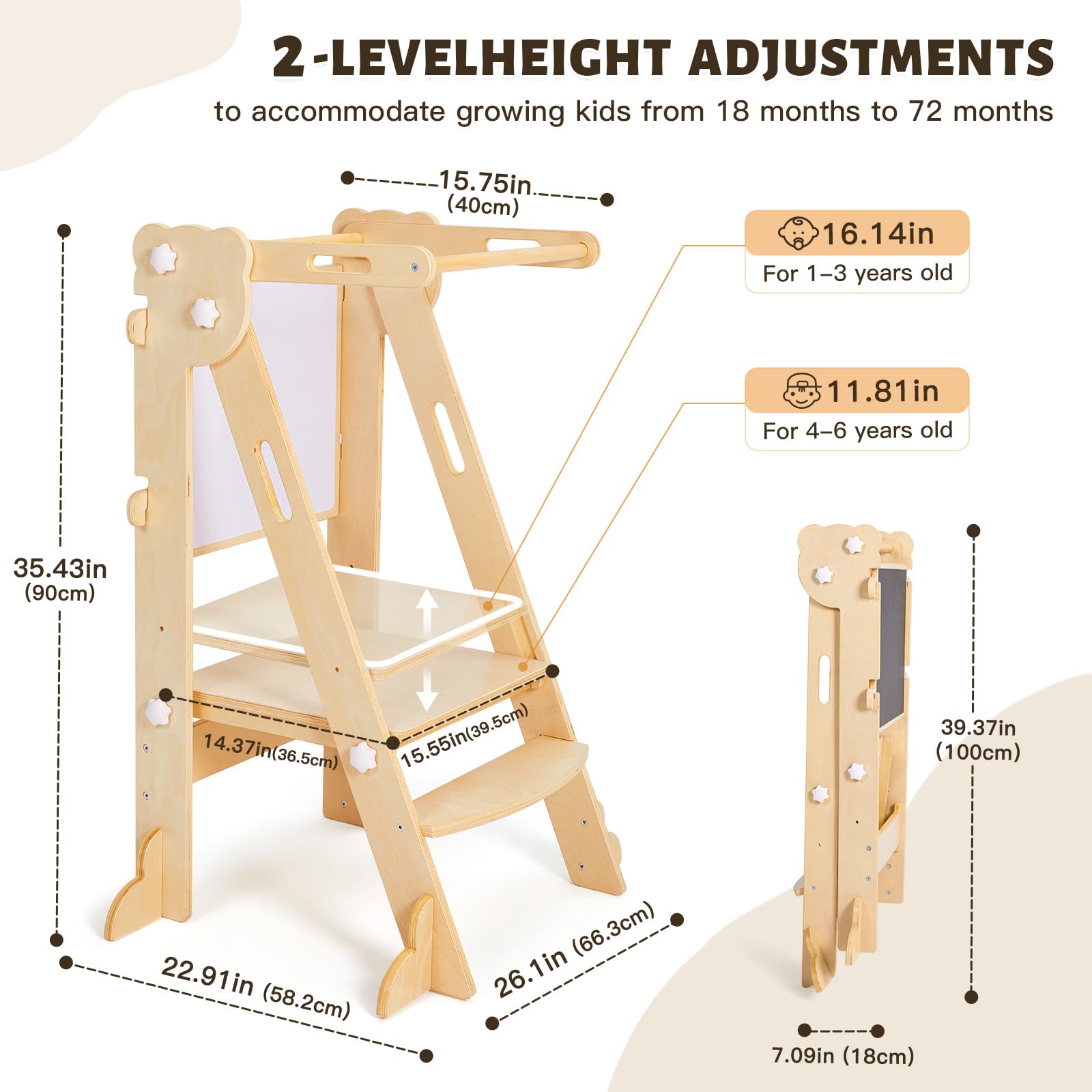 labebe Klappbar Lernturm für Kinder, Montessori Learning Tower mit Zweiseitige Tafel, 3 in 1 Einstellbare Höhe und Breite Lerntower, Multifunktion Lernturm ab 1 Jahr für Küche（Holz）