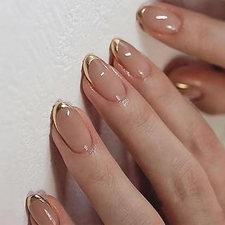 Press on Nails Short Almonds French Tip, 24 Stück Goldrandige Französische Mandelform-Nägel–Langlebige Press-on-Nägel mit Kleber,Schick,Einfach Anzubringen für Eine Perfekte Maniküre zu Hause