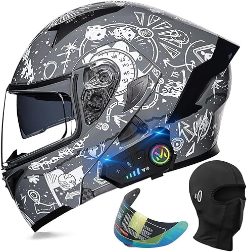 Vista 18 de Casco modular de motocicleta Bluetooth, aprobado por DOT, casco de motocicleta de cara completa, casco de doble visera con altavoces duales