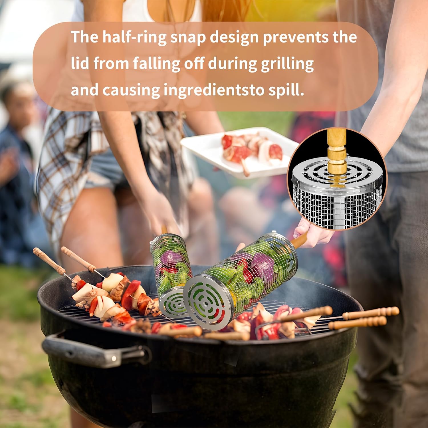 FrutPunch Grill Basket 2 Pcs, Stainless Steel Grilling Accessories,Rolling Grill Baskets for Outdoor Grill with Wooden Handle, Practical Grilling Gifts for Men (2PCS(A Large and A Medium)) image 5