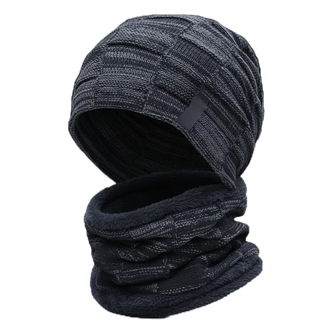 Drumstone 𝟏+1 𝐘𝐞𝐚𝐫𝐬 𝐆𝐮𝐚𝐫𝐚𝐧ᴛᴇᴇ Woolen Beanie Hat and Neck Warmer Set, Winter Cap Muffler for Men and Women, Cold Weather Outdoor Wear, Daily Use (Black)