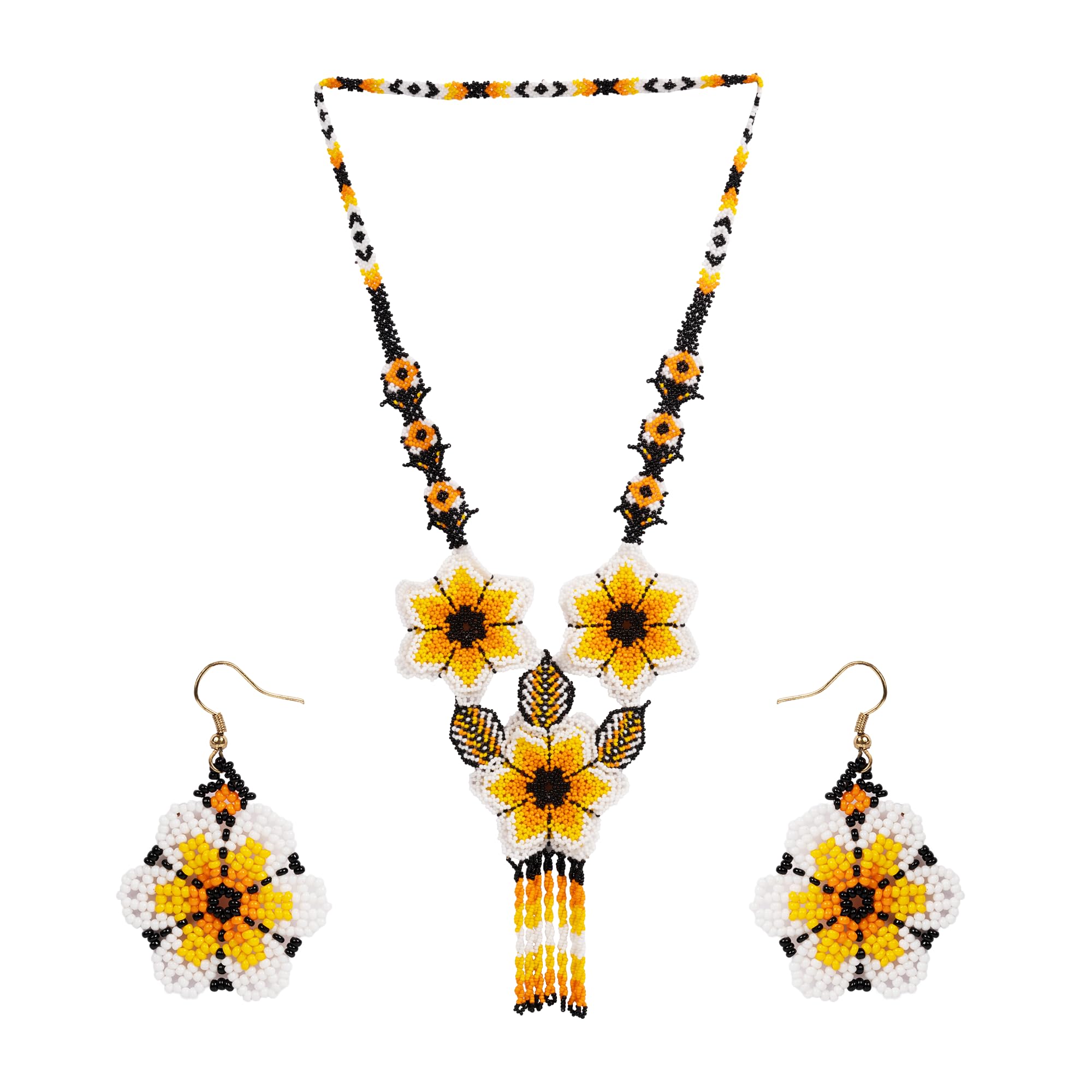 Beaded Floral Necklace and Earrings Set for Women, Handcrafted Marigold Bloom Design, Lightweight Statement Jewellery, Boho Tribal, Pairs with Saree Kurti Lehenga-image-8