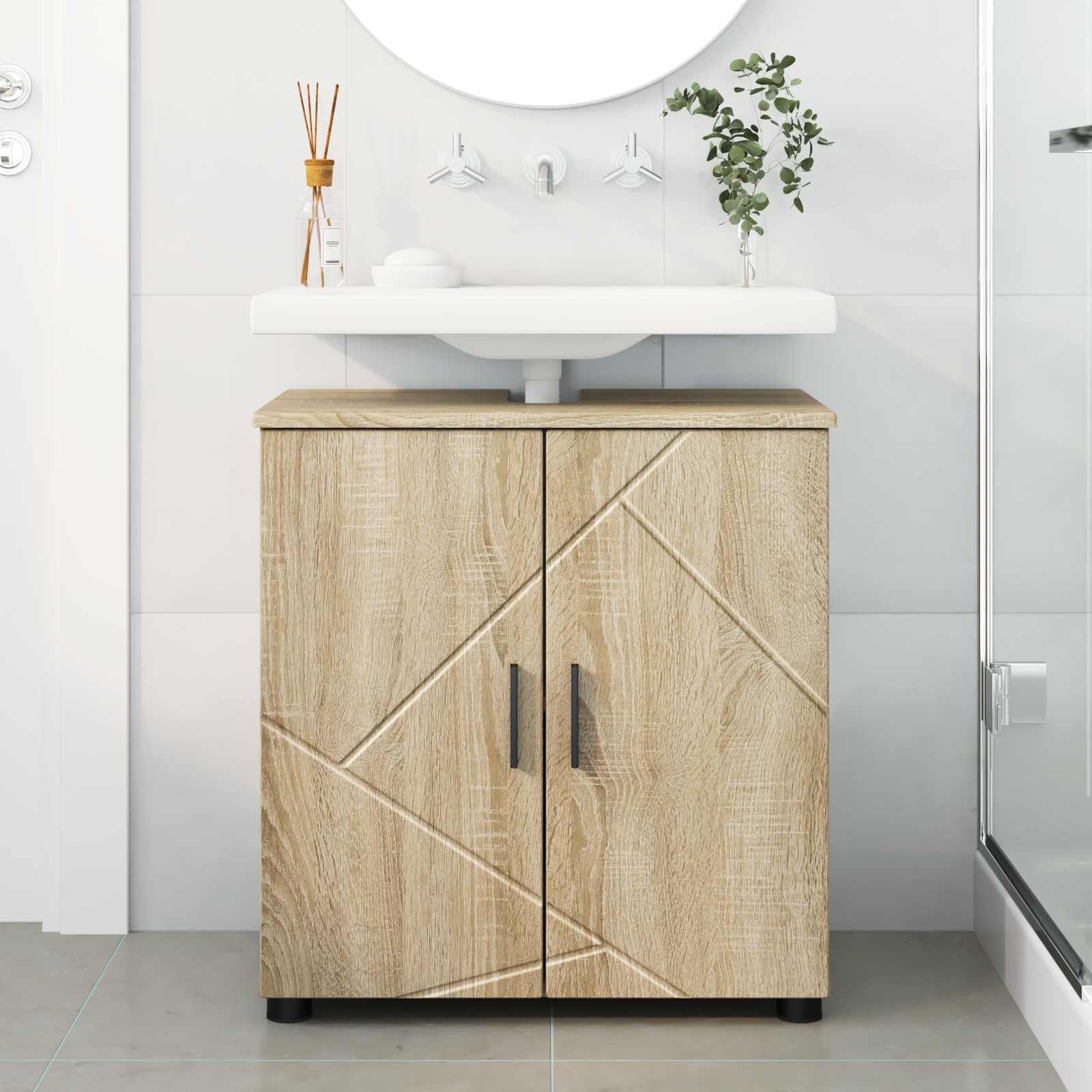 Armoire de salle de bain en chêne Sonoma avec espace de rangement 61 x 35 x 64 cm, bois et métal, autonome avec 2 portes, meuble bas polyvalent pour salle de bain, WC d'invités, rangement et