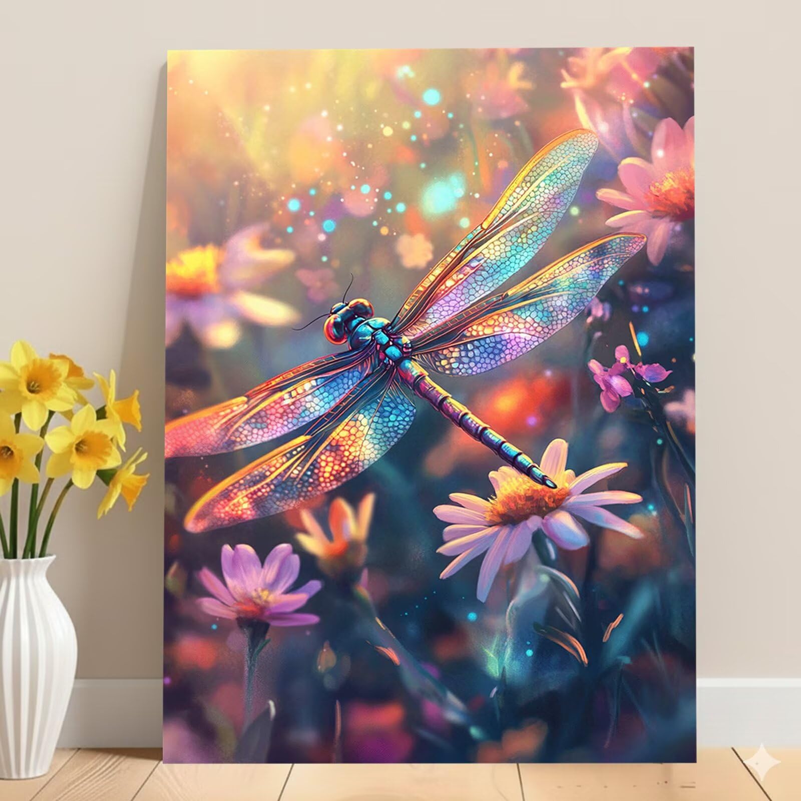 Dipingere con i Numeri Adulti Fiore, Kit di Pittura a Olio su Tela DIY con Pennelli Pittura a Pigmento Acrilico, Paint by Numbers Libellula Disegno, Decora la Casa Regalo 70x90cm (Senza Cornice)-#407k