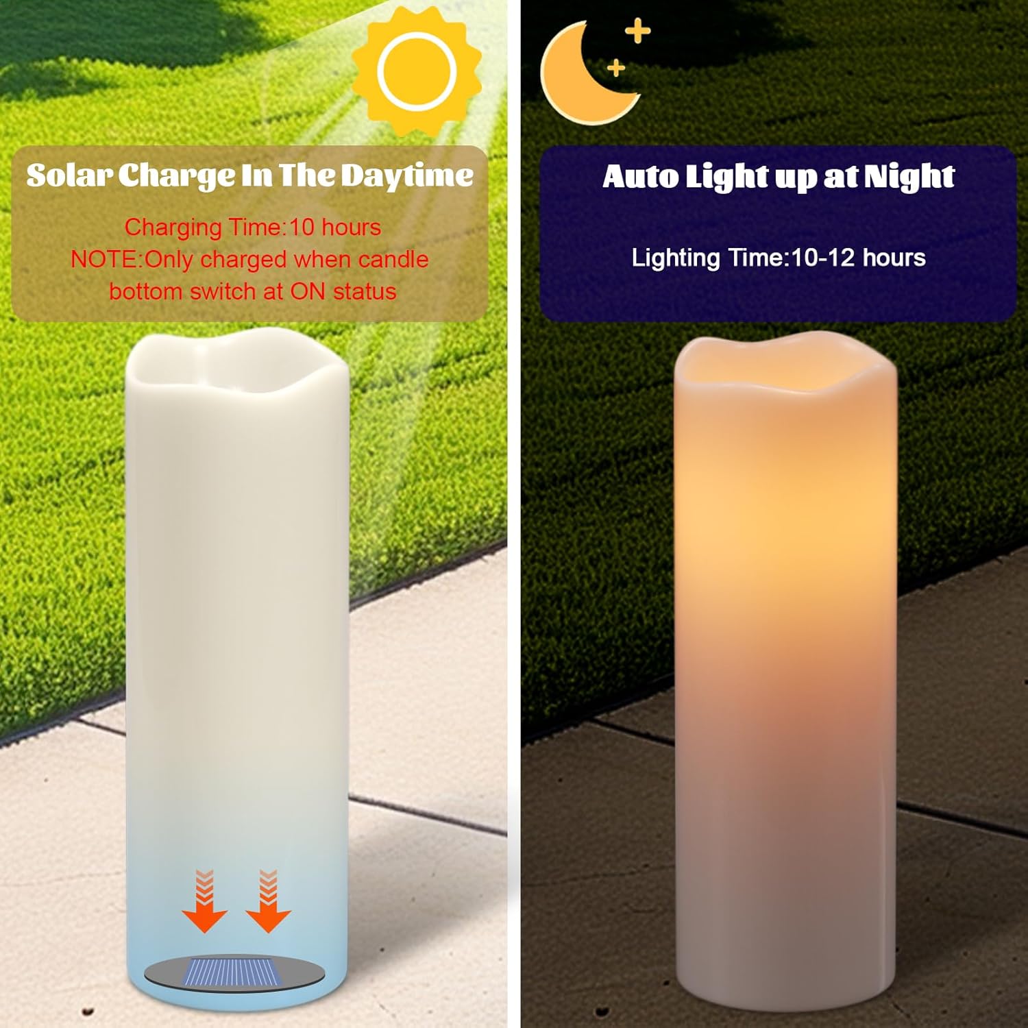 Eldnacele Large Outdoor Solar Flameless Candles Waterproof, 4" x 14", Solar Powered Dusk to Dawn Plastic LED Flickering Pillar Candles for Garden Patio Lanterns Wedding Holiday Decor(2 Pack White)