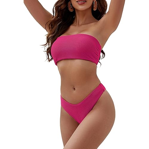 ZAFUL Women Strapless Textured Bandeau Bikini 2 Piece Swimwear Cheeky Solid Lace up Bathing Suits