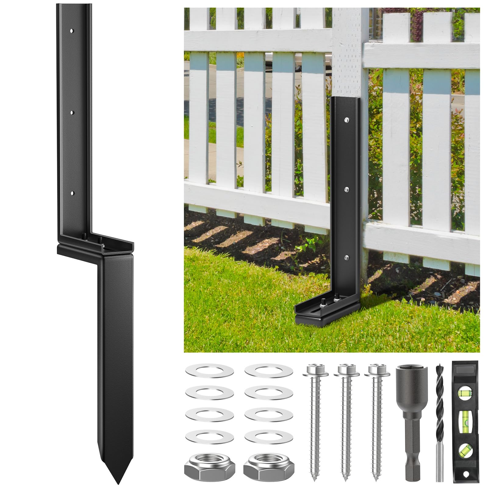 Housolution Fence Post Repair Kit, Steel Post Repair Stake with Adjustable Angle, Separated Anchor Ground Spike Easy to Fix Broken Wooden Posts, Rustproof Garden Fence Set (1 Pack)