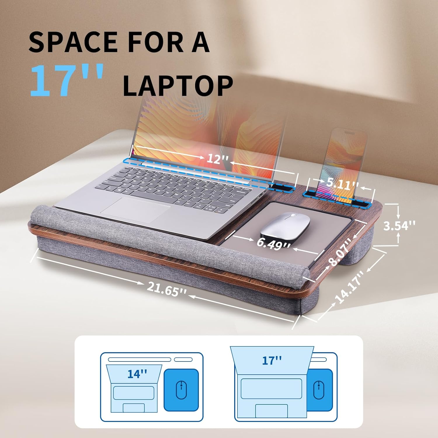 Home Office Lap Desk with Wrist Rest Wrist Rest, Mouse Pad, and Phone Holder Large Laptop Bed Desk for Notebook, Laptop, Tablet, Lap Stand Fits Up to 17 Inch Laptops (Brown) Brown Large