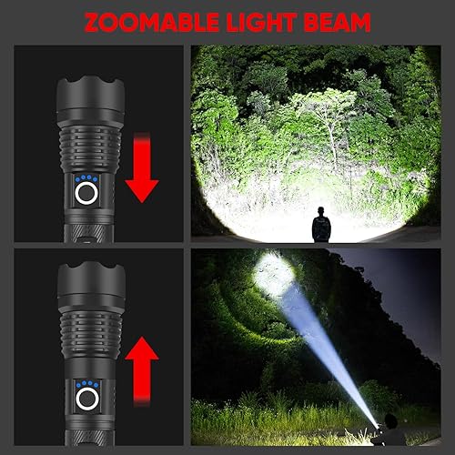 Miniatura 6 de Linternas recargables de alta luz, linterna LED de alta potencia XHP70.2 Potente linterna táctica con enfoque zoomable, 5 modos de luz de flash