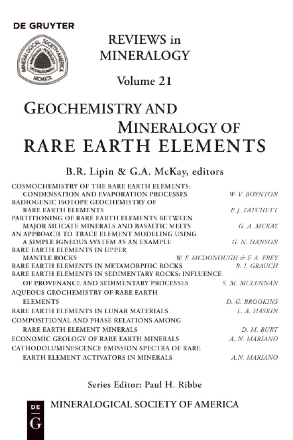 Geochemistry and Mineralogy of Rare Earth Elements: 21 (Reviews in Mineralogy & Geochemistry, 21)