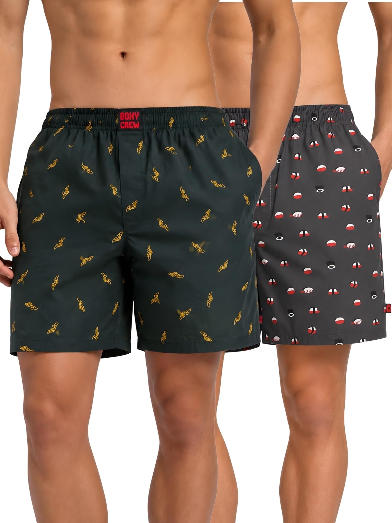 boxy crew Men Boxer Shorts Pack of 2, 100% Cotton Woven Boxers, Dark Teal & Charcoal, Printed Designs, Dual Side Pockets, No-Marks Inner Elastic Waistband, Relaxed Fit Lounge & Sleep Shorts-picture-44