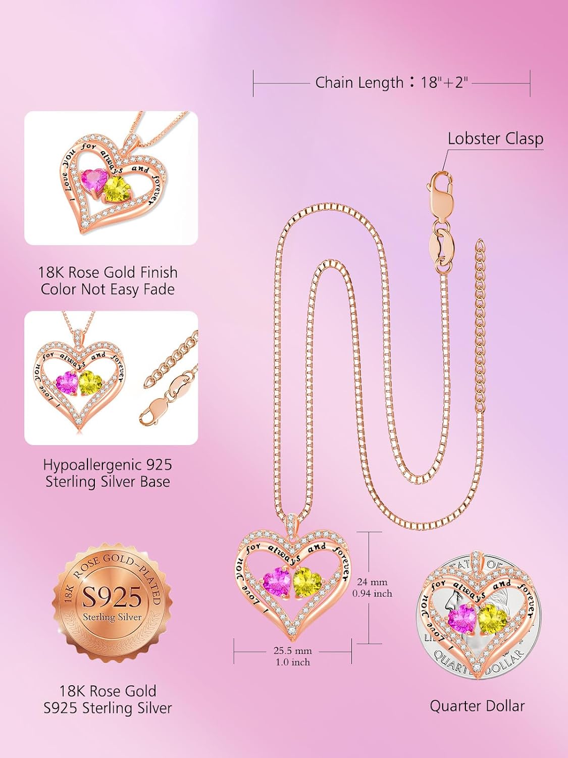 Rose Gold Heart Necklace with 12 Months Birthstone Necklace Birthday Gifts image 2