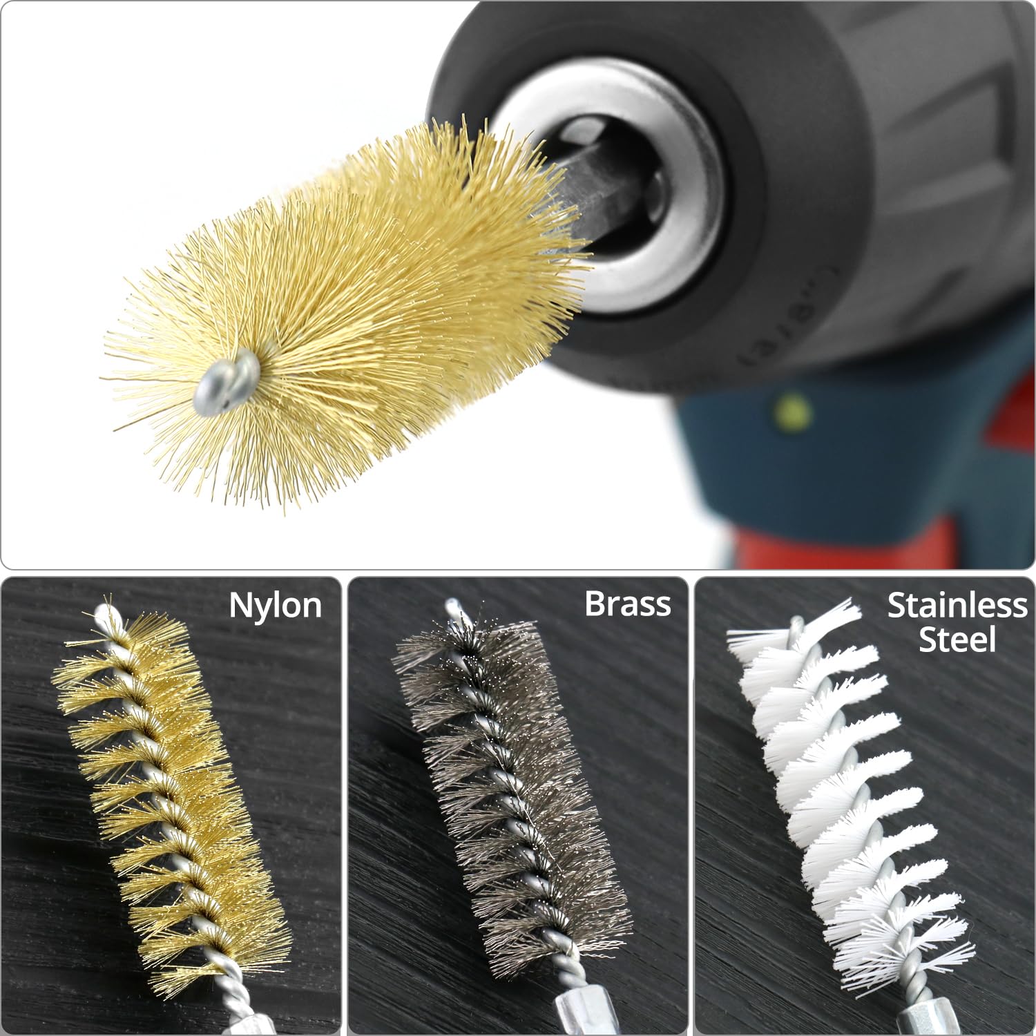 QWORK® Jeu de brosses de nettoyage 38 pièces, Brosses rondes 8-19 mm en nylon/laiton/acier avec rallonge de 150 mm