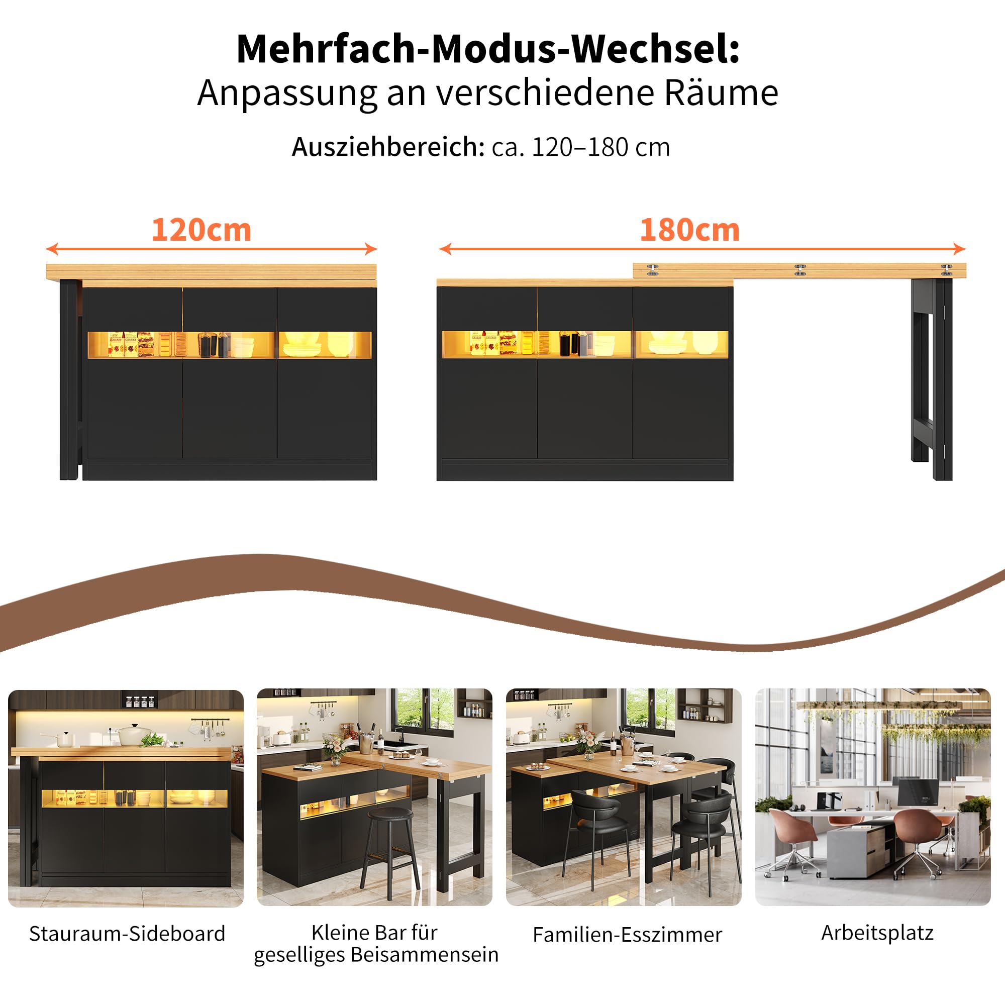 Mesa de bar extensible, mesa de bar con espacio de almacenamiento, mesa alta para isla de cocina, mesa de comedor giratoria 360°, con iluminación LED, para sala de estar, comedor, 120-180