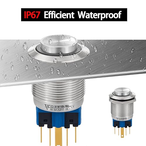 Miniatura 6 de 2 interruptores de botón de cierre redondo de 0.866 in de alto, parada de arranque, impermeable, IP67, de acero inoxidable con luz LED de 24 V para