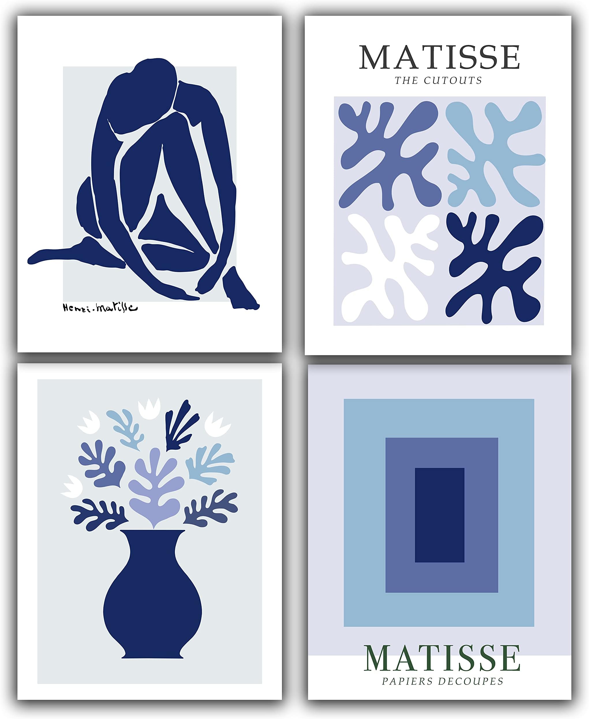 WESTBROOK DESIGN STUDIOMatisse-Inspired No.44 Wall Art Prints. Set of 4-11x14 UNFRAMED Abstract, Minimalist Aesthetic Wall Decor. Shades of Navy, Blue on White.