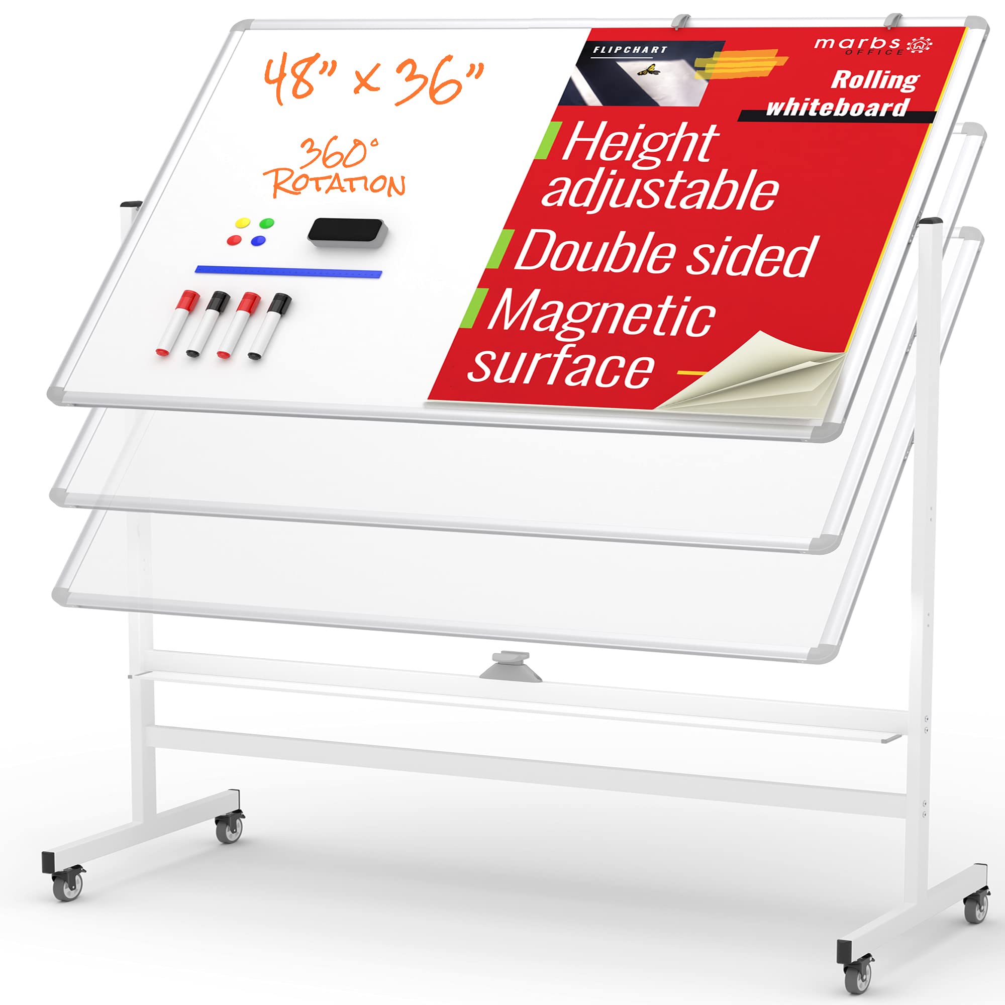 MARBS 48"x36" Rolling Whiteboard with Stand & Flipchart, Height Adjust